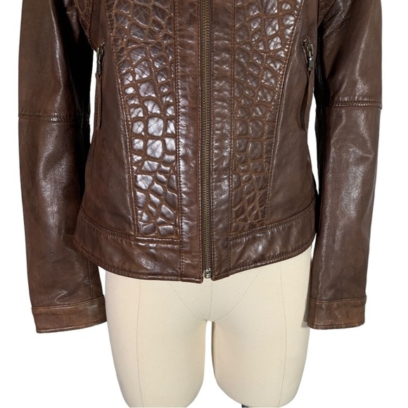Burns 1876 Leather Embossed Zip Up Jacket Brown Size Small - Picture 6 of 11